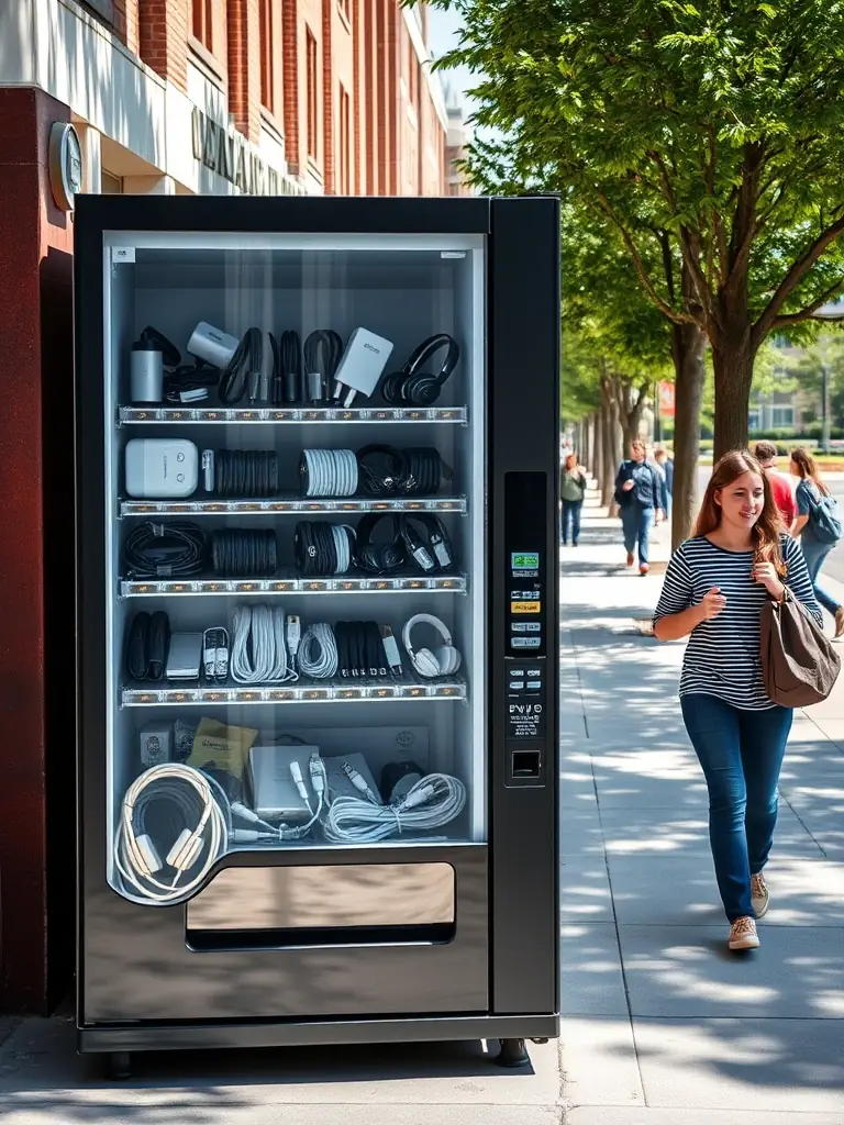 A vending machine dispensing tech accessories like phone chargers, headphones, and USB cables. The setting is a university campus.