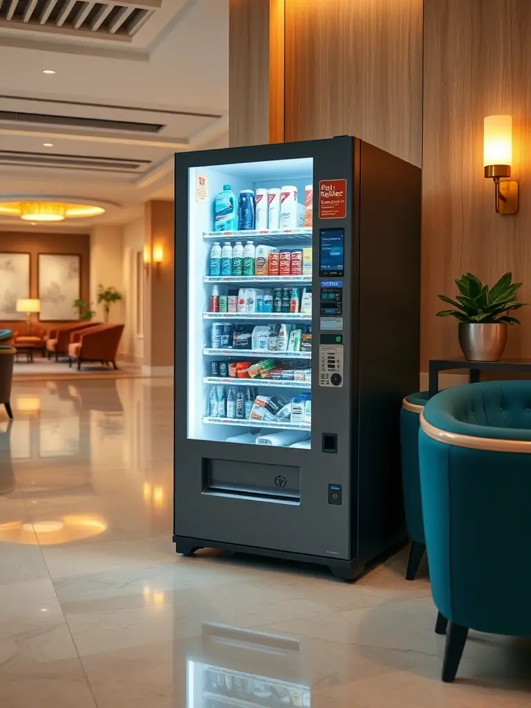 A vending machine stocked with personal care items such as travel-sized toiletries, pain relievers, and hygiene products. The setting is a hotel lobby.