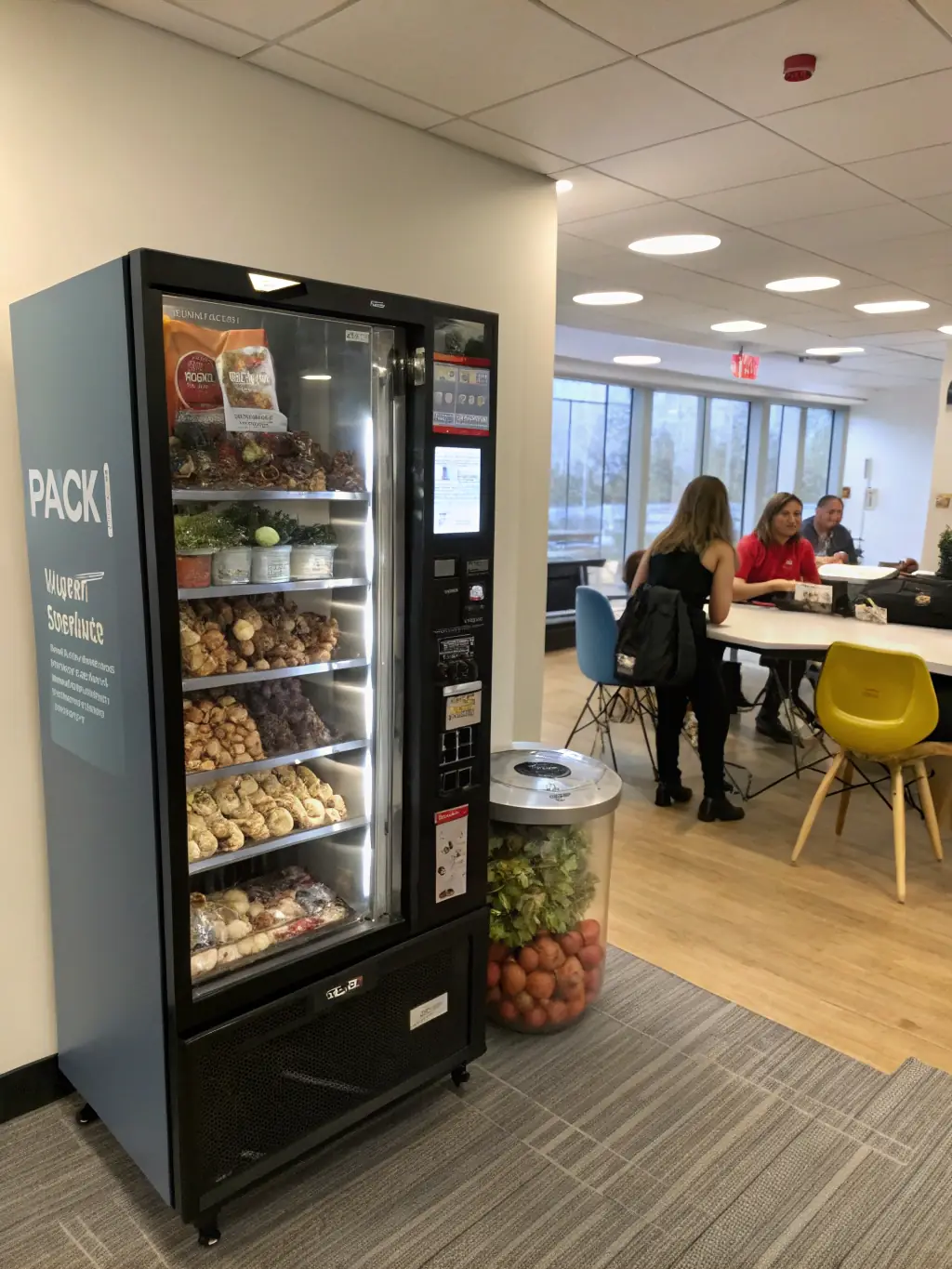 A modern vending machine dispensing healthy snacks like granola bars, nuts, and dried fruit, with a digital display showing nutritional information. The setting is a brightly lit office break room.