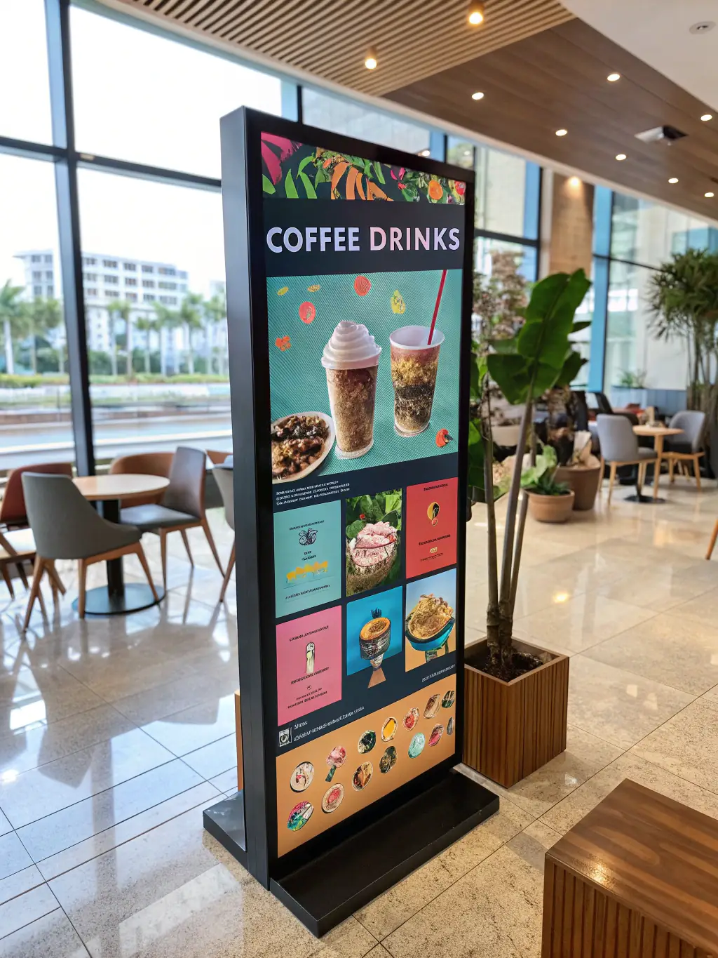 A vending machine offering a variety of coffee beverages, including lattes, cappuccinos, and espressos, with customizable options like sugar and milk. The setting is a busy train station.